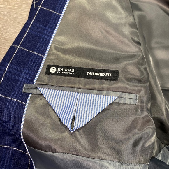 Haggar Blazer Mens 52R Blue Plaid Windowpane Tailored Fit Sport Coat Jacket - Picture 8 of 12